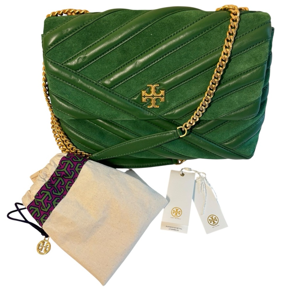 Tory Burch Kira Chevron Bombe Arugula Green Leather Quilted Shoulder Bag